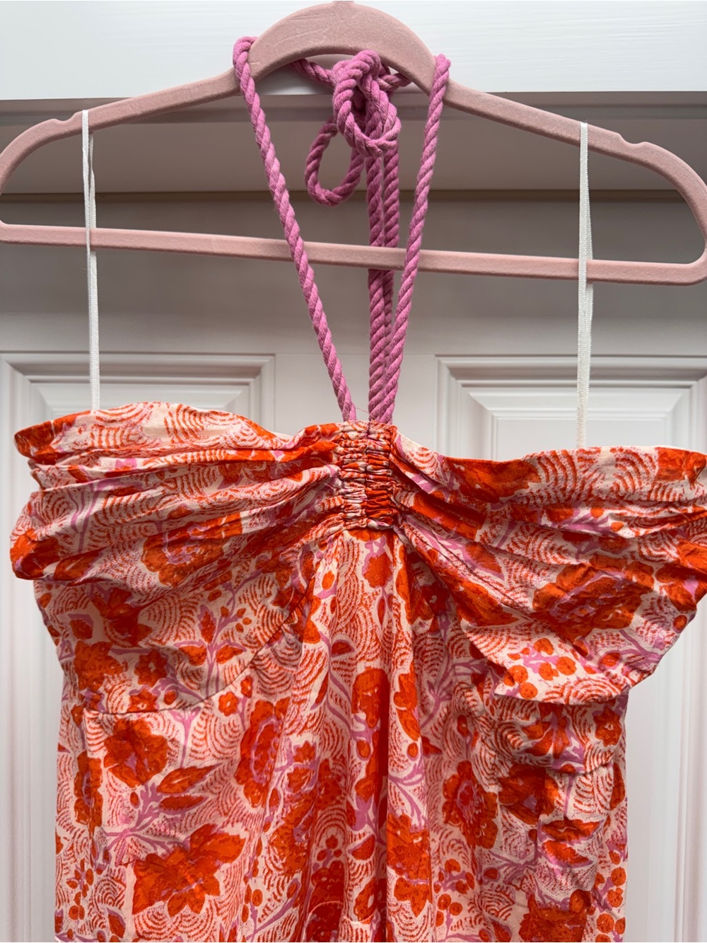 Ro's Garden Anthropologie Denise Halter Maxi Dress Pom Pom Pink Orange Floral M - Picture 7 of 15
